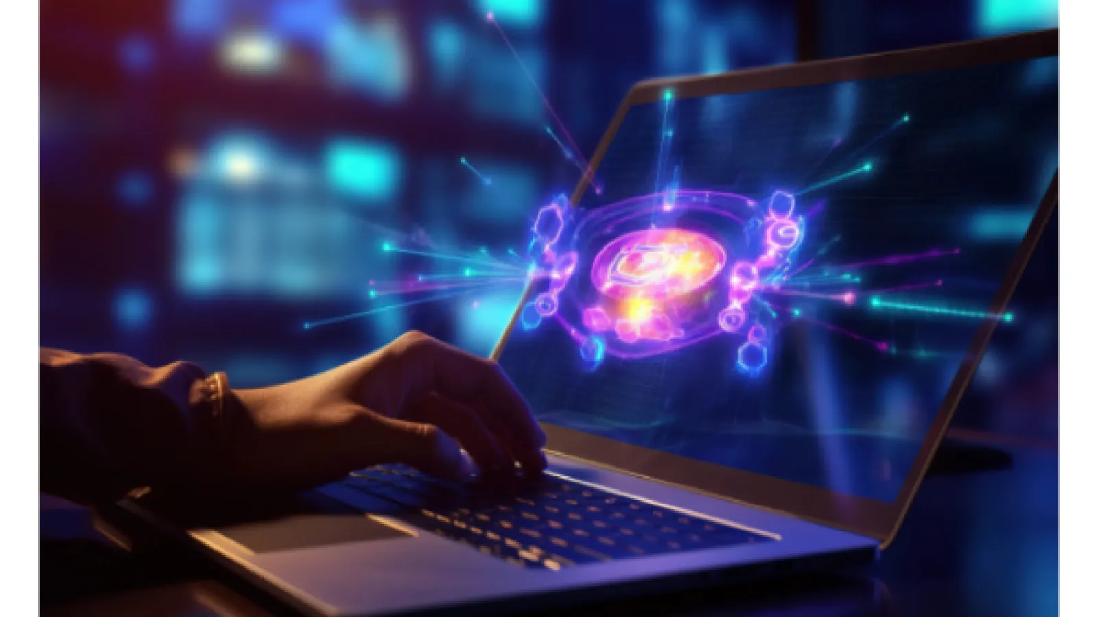 Hands at a laptop with an explosion on the screen